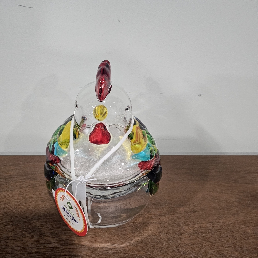 Gourmet Kitchen Clear Multicolor Glass Chicken Shaped Jar 25oz 735ml